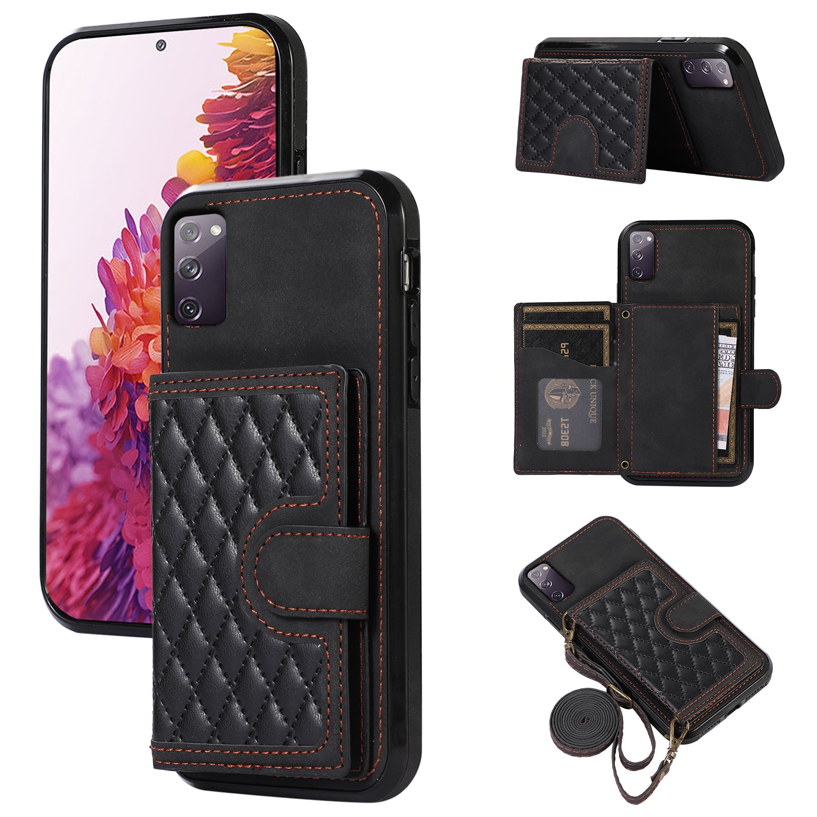 For Samsung Galaxy S20 4G / 5G Card Holder Phone Case TPU+PU Leather Kickstand Phone Cover - Black For Samsung Galaxy S20 4G / 5G Card Holder Phone Case TPU+PU Leather Kickstand Phone Cover - Black